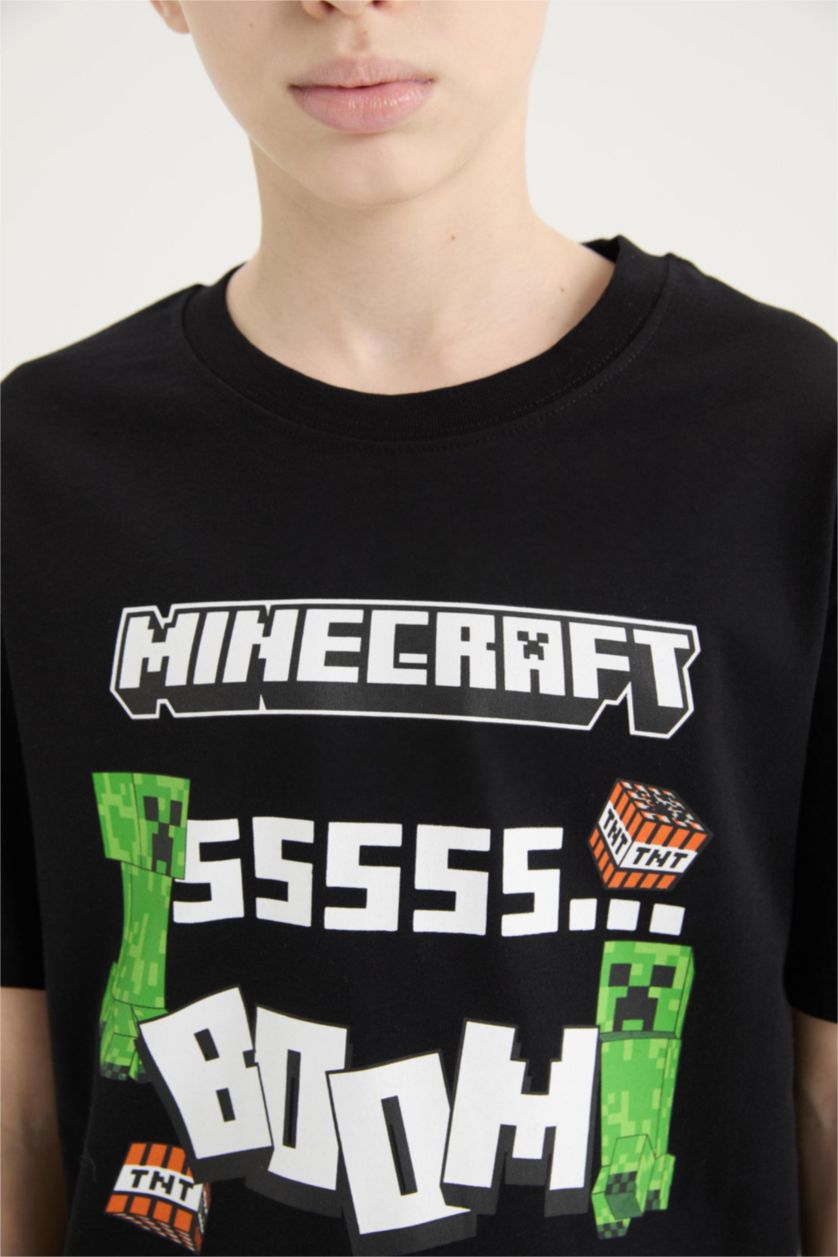Erkek Çocuk - Genç Erkek Siyah Minecraft Bisiklet Yaka Kısa Kollu Tişört Erkek Çocuk