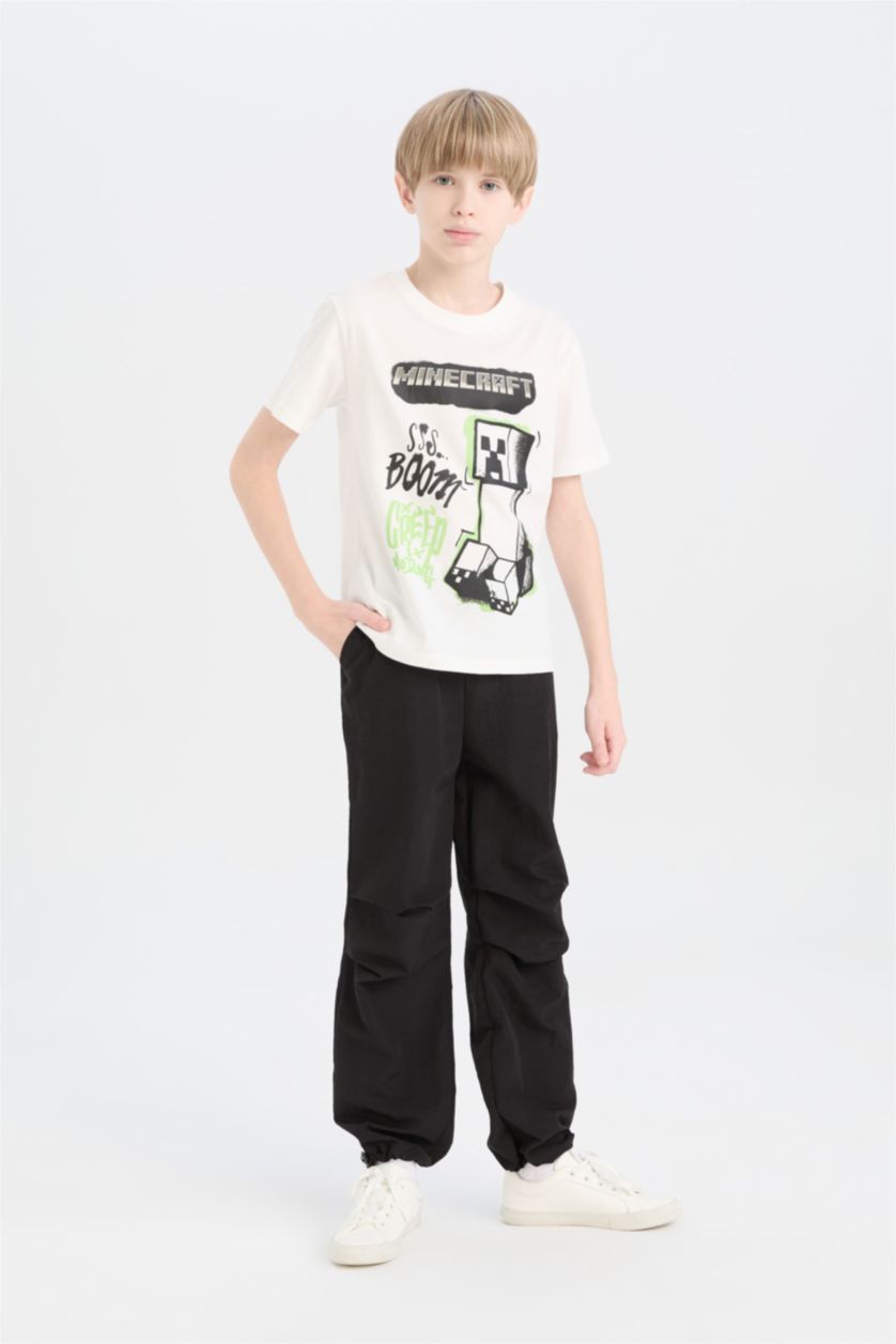 Erkek Çocuk - Genç Erkek Kırık Beyaz Minecraft Bisiklet Yaka Kısa Kollu Tişört Erkek Çocuk