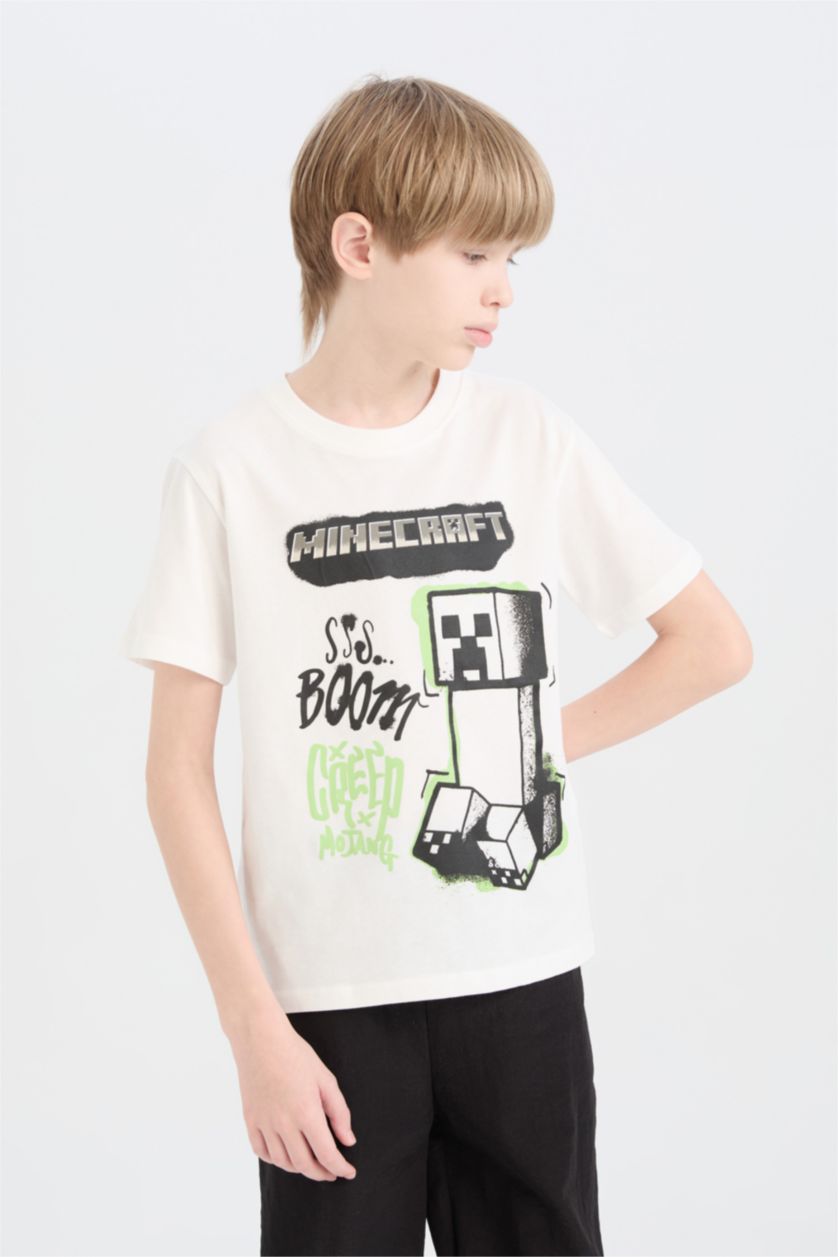 Erkek Çocuk - Genç Erkek Kırık Beyaz Minecraft Bisiklet Yaka Kısa Kollu Tişört Erkek Çocuk