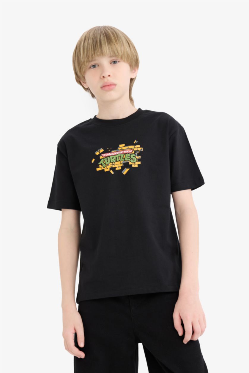 Erkek Çocuk - Genç Erkek Siyah Teenage Mutant Ninja Turtles Bisiklet Yaka Kısa Kollu Tişört Erkek Çocuk