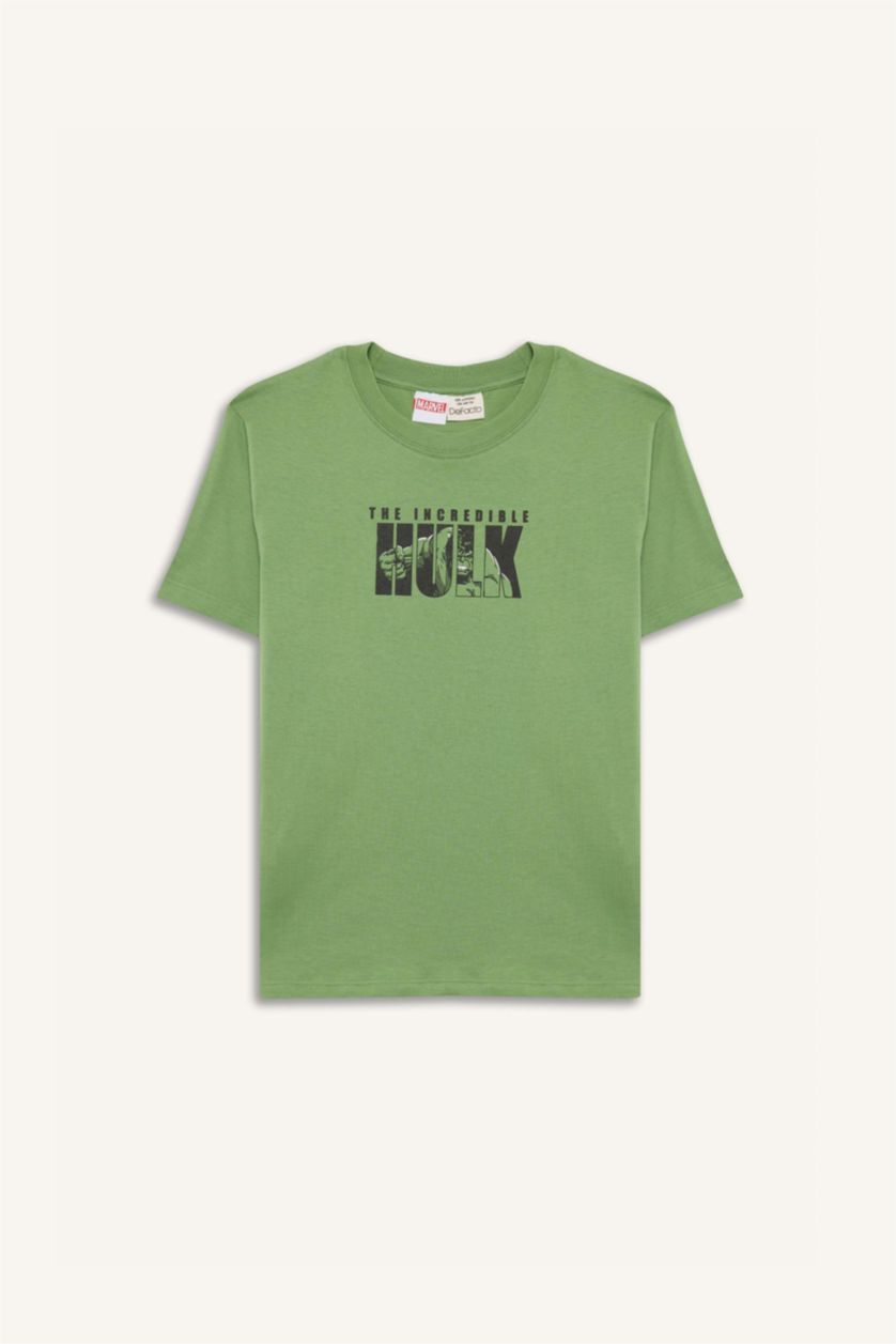 Erkek Çocuk - Genç Erkek Yeşil Marvel Avengers Bisiklet Yaka Sırt Baskılı Kısa Kollu Tişört Erkek Çocuk