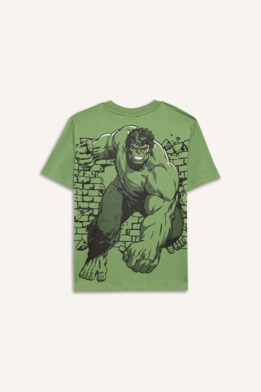 Erkek Çocuk - Genç Erkek Yeşil Marvel Avengers Bisiklet Yaka Sırt Baskılı Kısa Kollu Tişört Erkek Çocuk