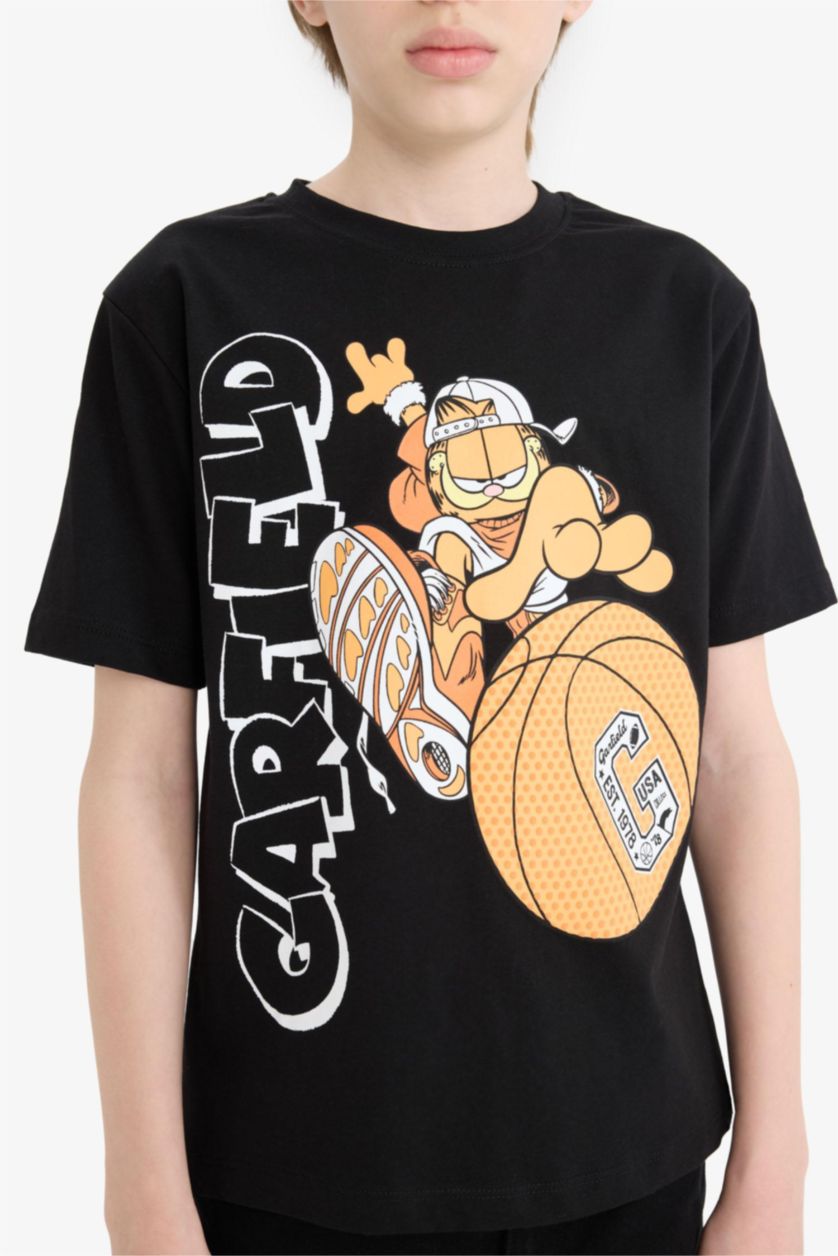 Erkek Çocuk - Genç Erkek Siyah Garfield Bisiklet Yaka Kısa Kollu Tişört Erkek Çocuk