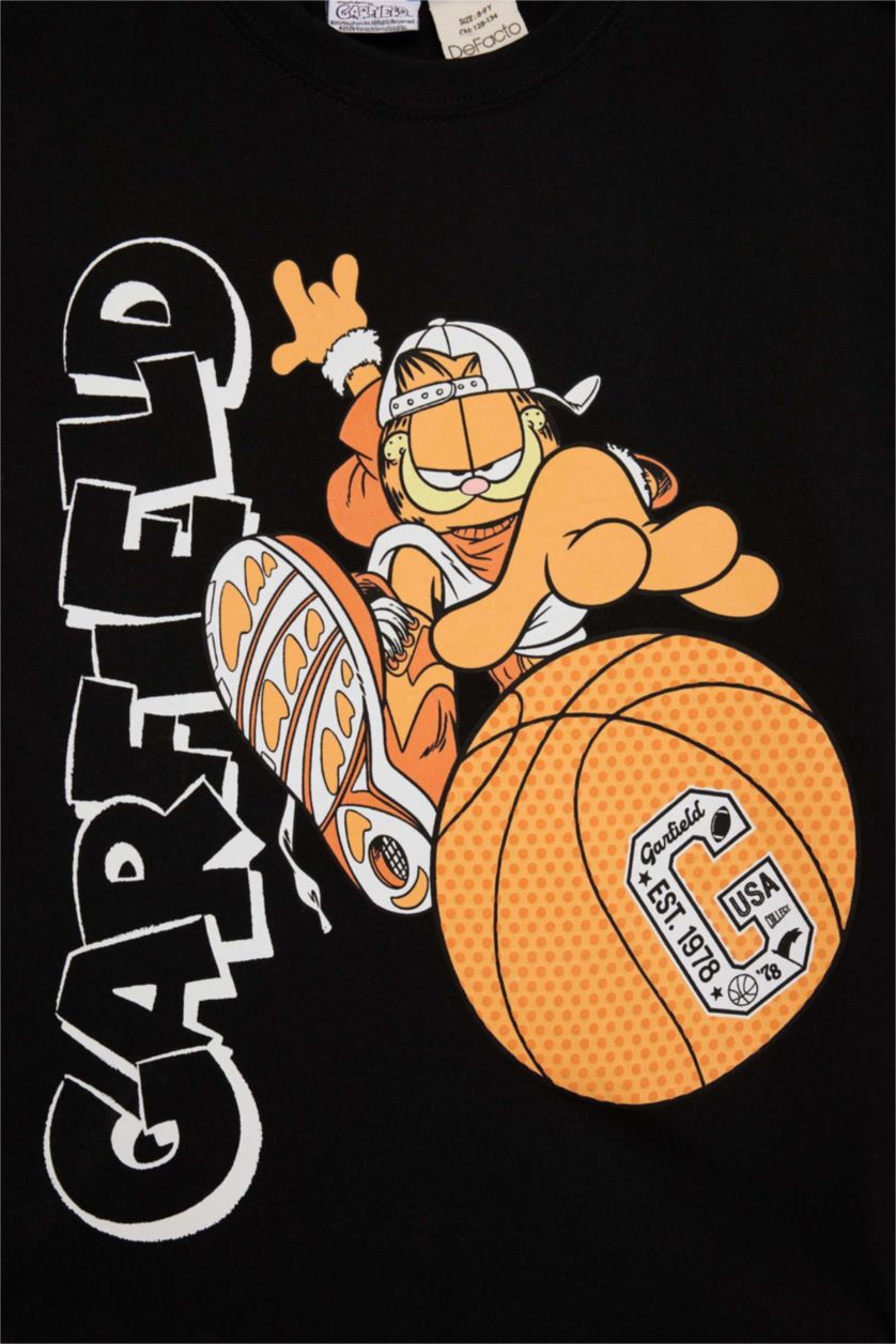 Erkek Çocuk - Genç Erkek Siyah Garfield Bisiklet Yaka Kısa Kollu Tişört Erkek Çocuk