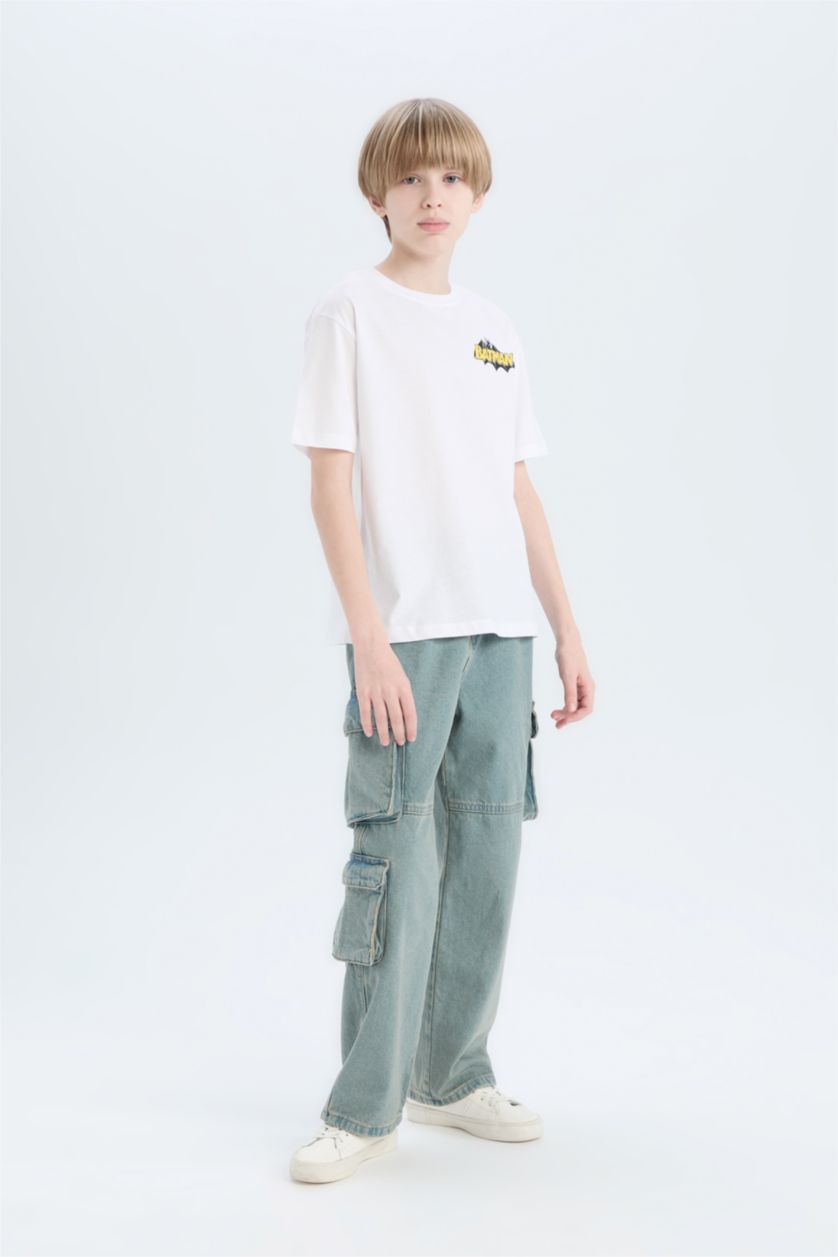 Erkek Çocuk - Genç Erkek Beyaz Batman Bisiklet Yaka Sırt Baskılı Kısa Kollu Tişört Erkek Çocuk