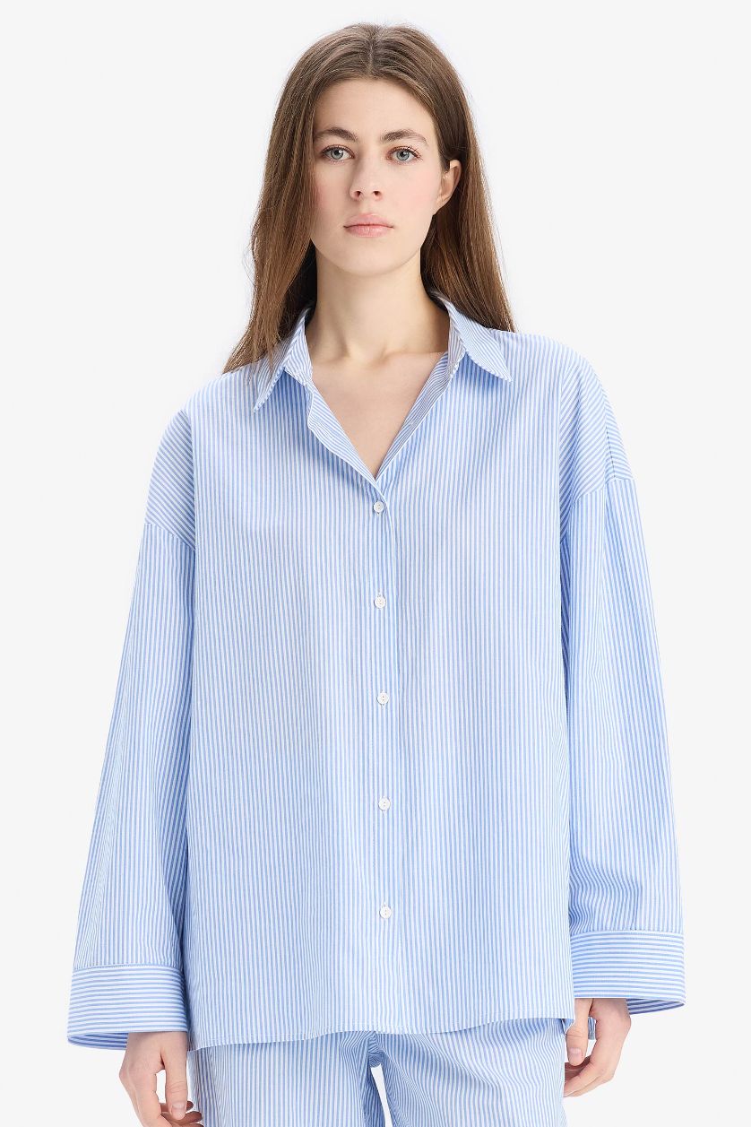 WOMAN Blue Striped Poplin Pajama Top
