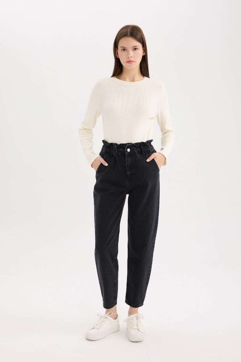 Woman Anthracite Paperbag Extra High Waist Ankle Length Jeans