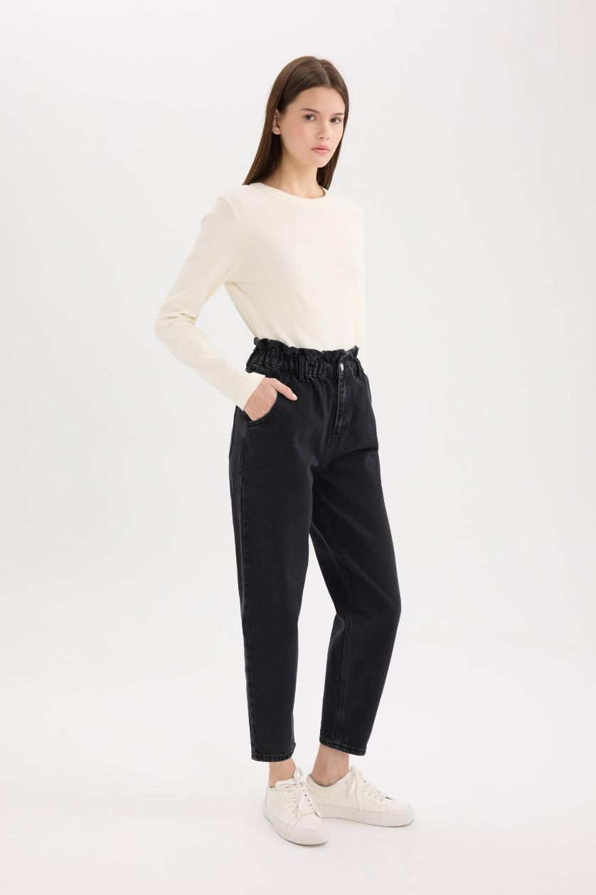 Woman Anthracite Paperbag Extra High Waist Ankle Length Jeans