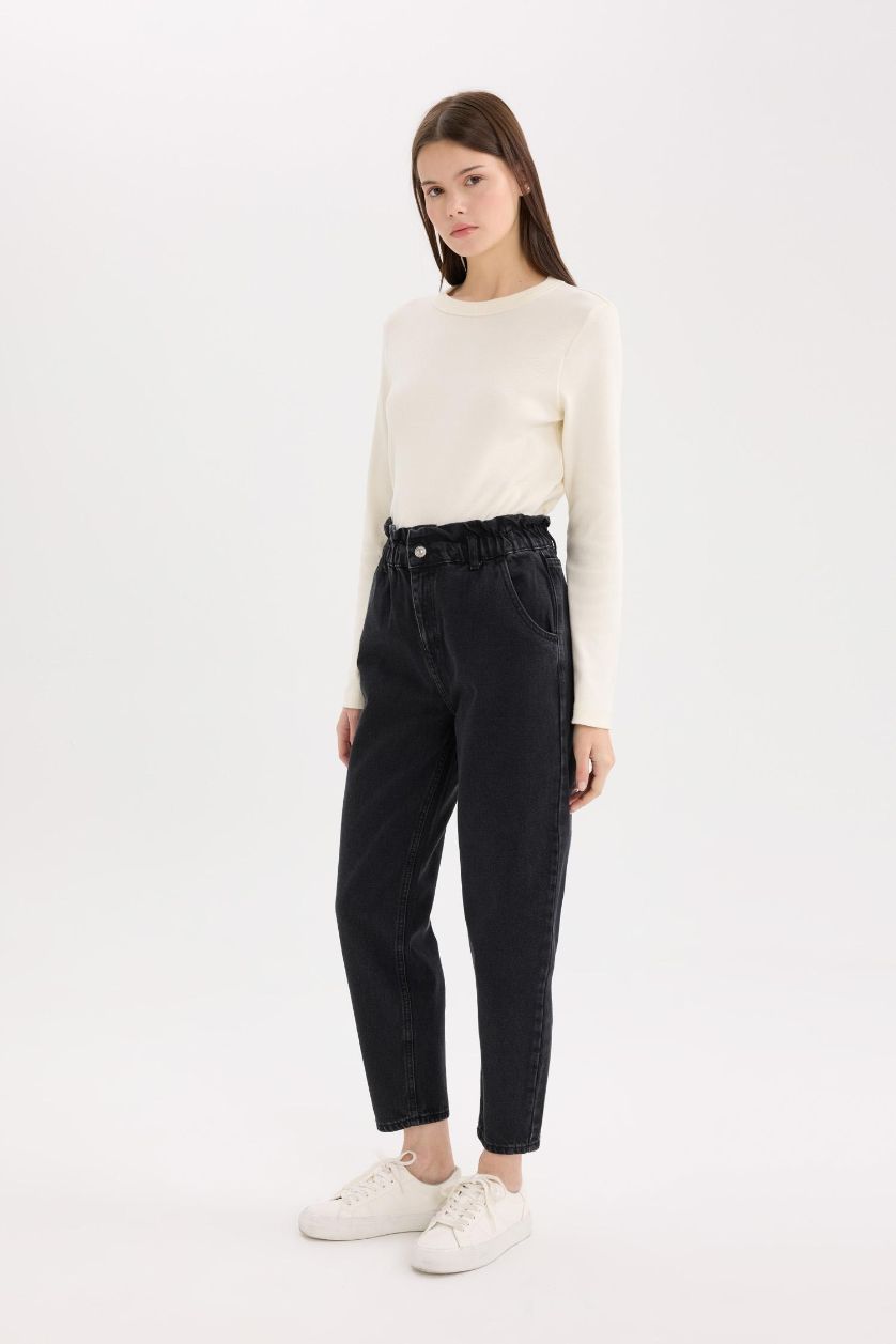 Woman Anthracite Paperbag Extra High Waist Ankle Length Jeans