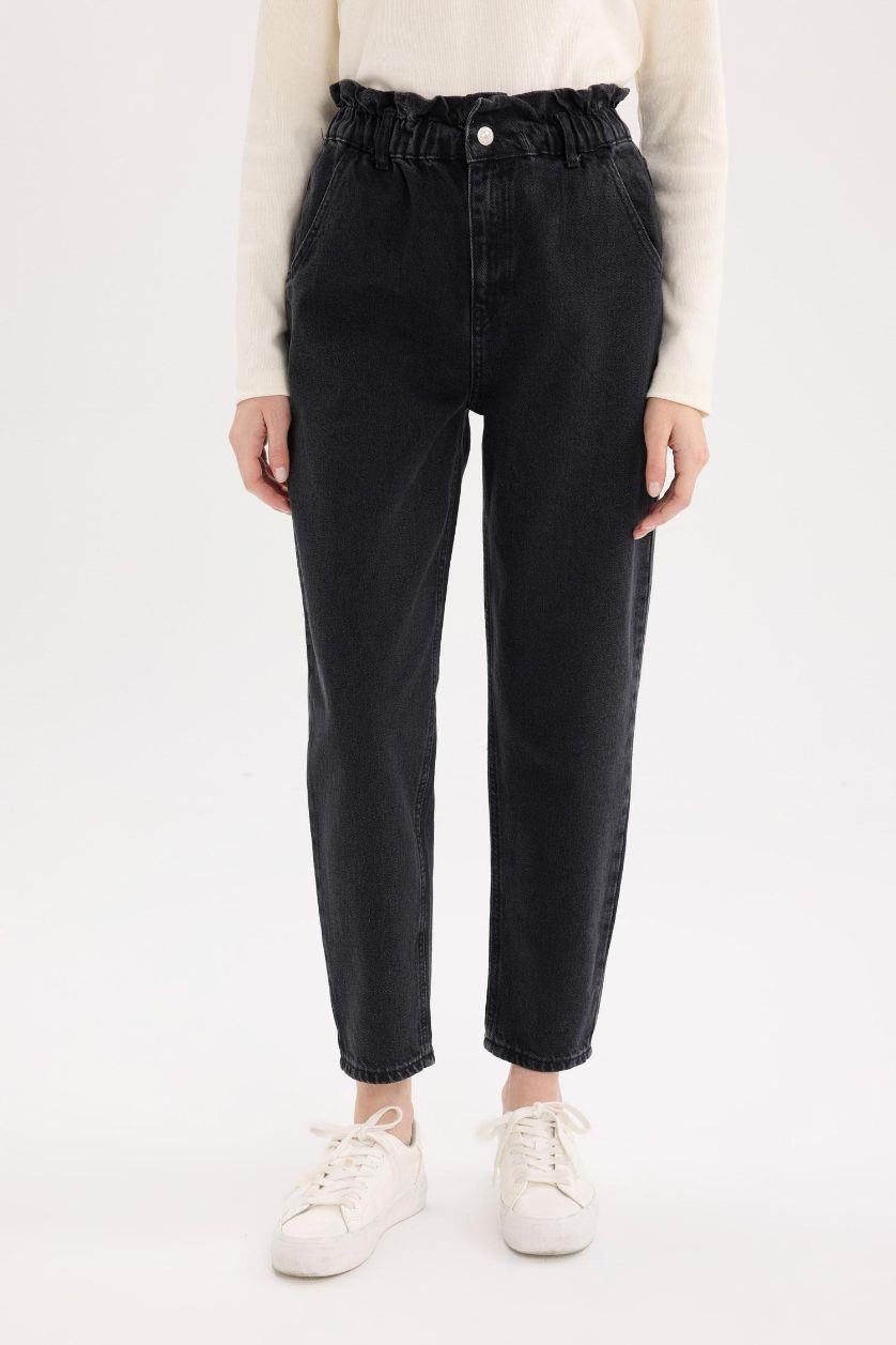 Woman Anthracite Paperbag Extra High Waist Ankle Length Jeans