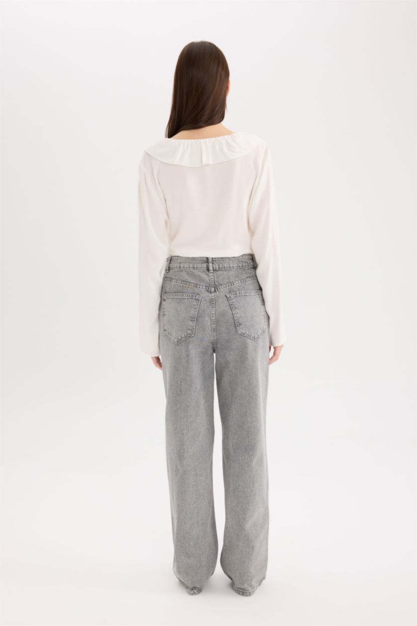 FEMME Gris Jean taille haute large à effet délavé style des années 90