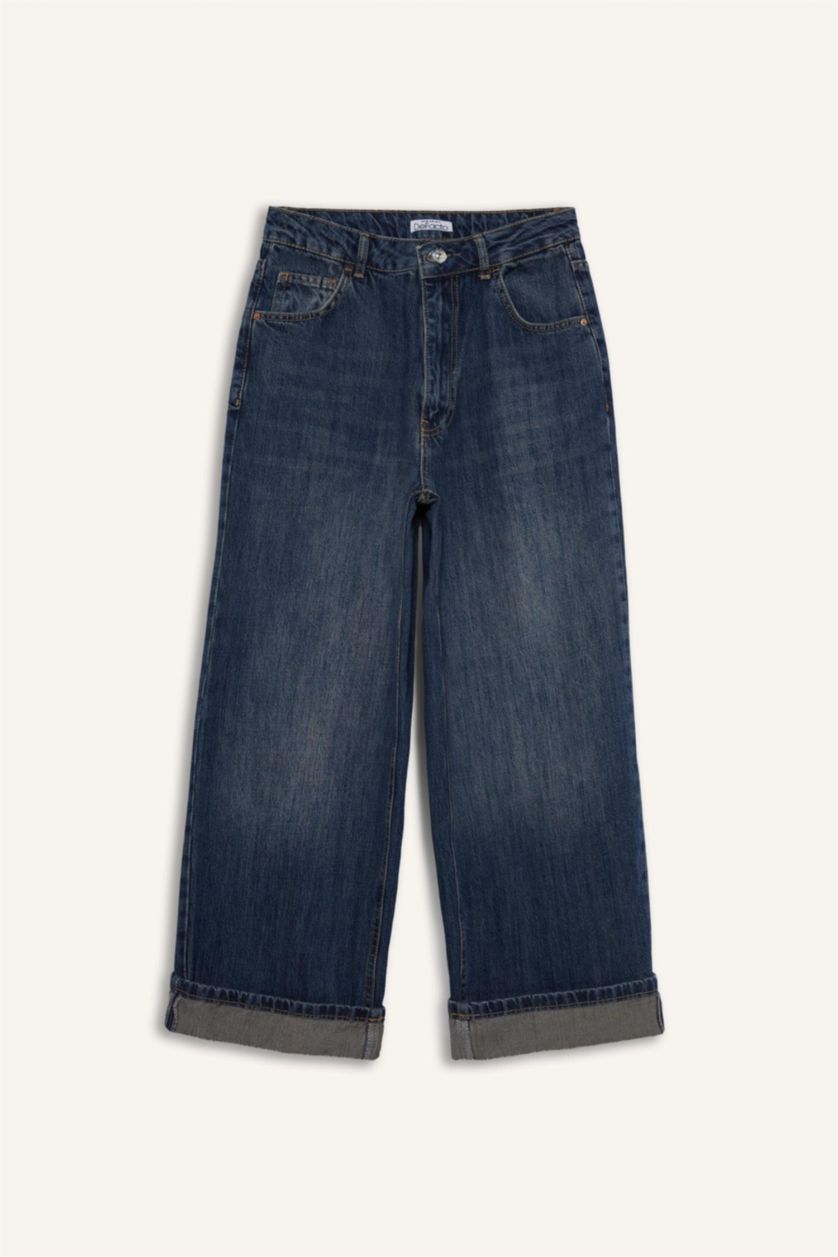 Kadın Koyu Mavi %100 Pamuk Baggy Fıt Yüksek Bel Katlamalı Paça Uzun Jean Pantolon