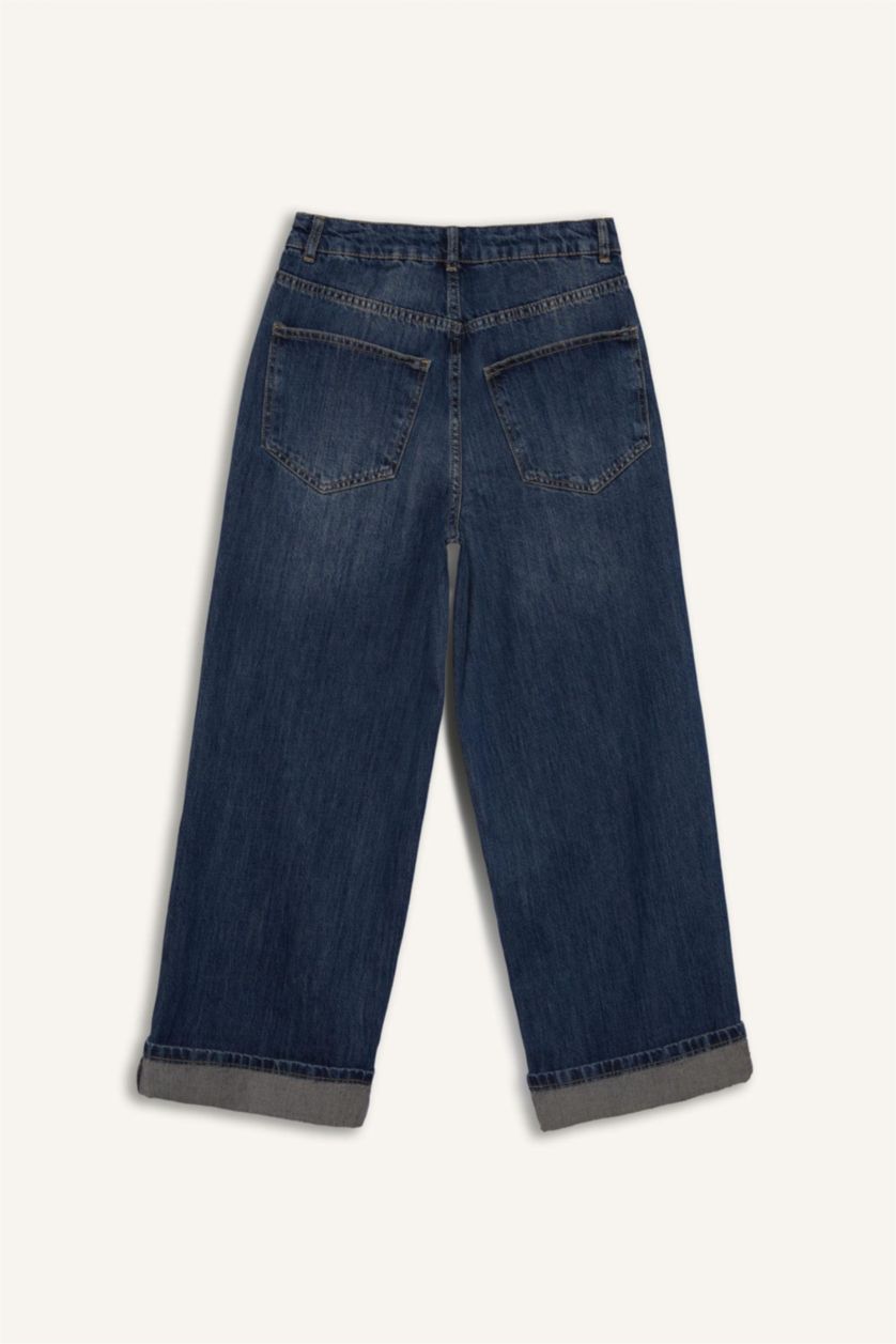 Kadın Koyu Mavi %100 Pamuk Baggy Fıt Yüksek Bel Katlamalı Paça Uzun Jean Pantolon