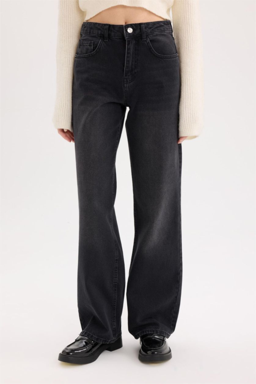 نساء أسود بنطلون جينز قصة مستقيمة واسعة بخصر عالي