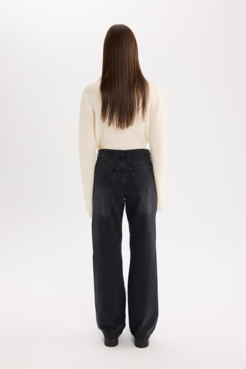 نساء أسود بنطلون جينز قصة مستقيمة واسعة بخصر عالي