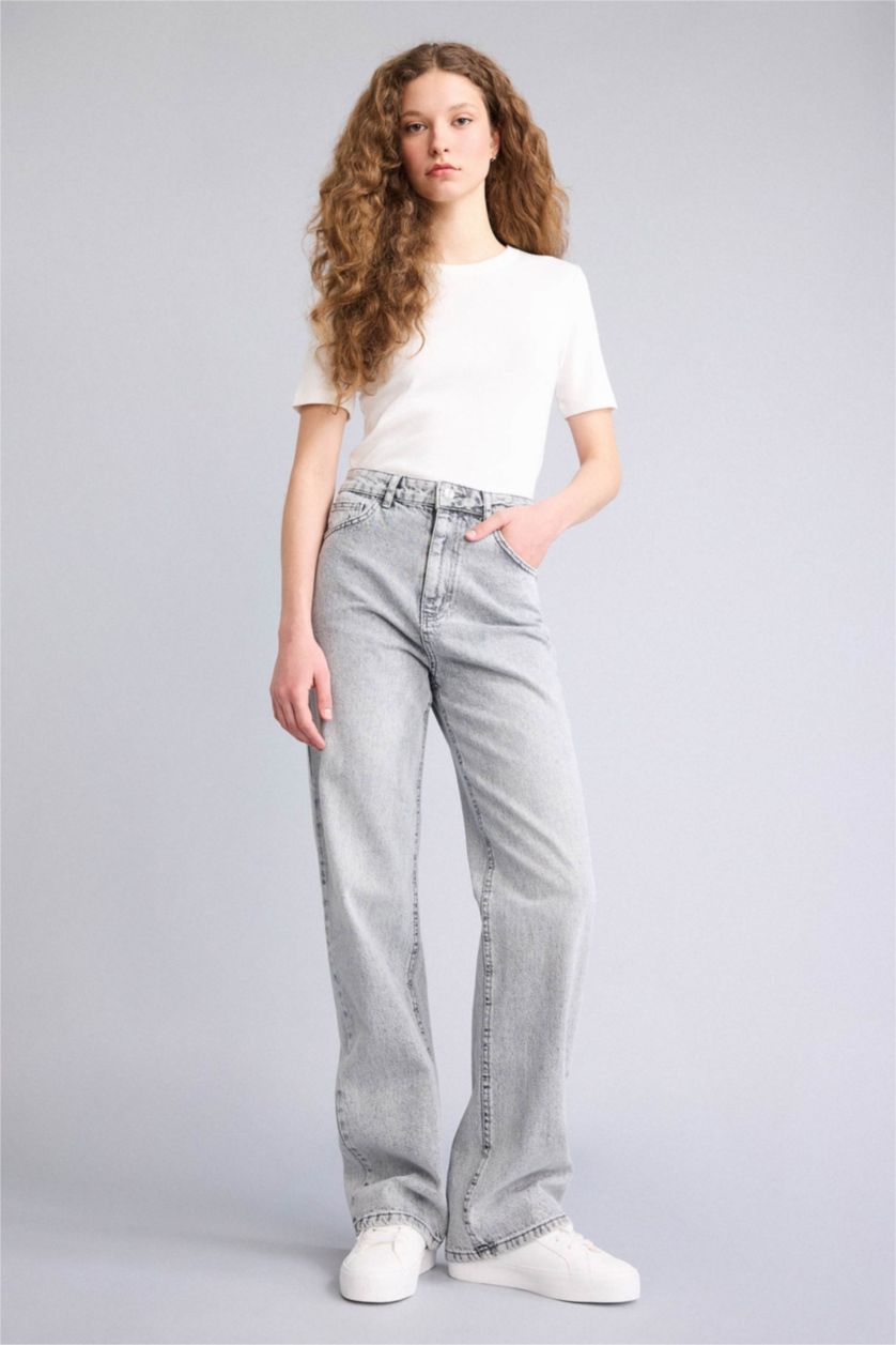 Kadın Gri Straıght Wıde Yüksek Bel Uzun Jean Yıkamalı Pantolon
