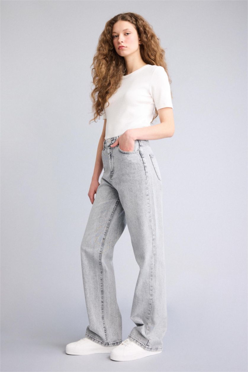 Kadın Gri Straıght Wıde Yüksek Bel Uzun Jean Yıkamalı Pantolon