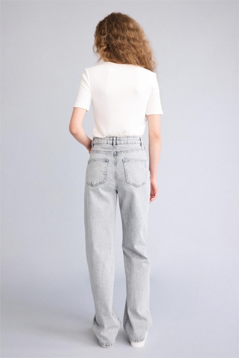 Kadın Gri Straıght Wıde Yüksek Bel Uzun Jean Yıkamalı Pantolon
