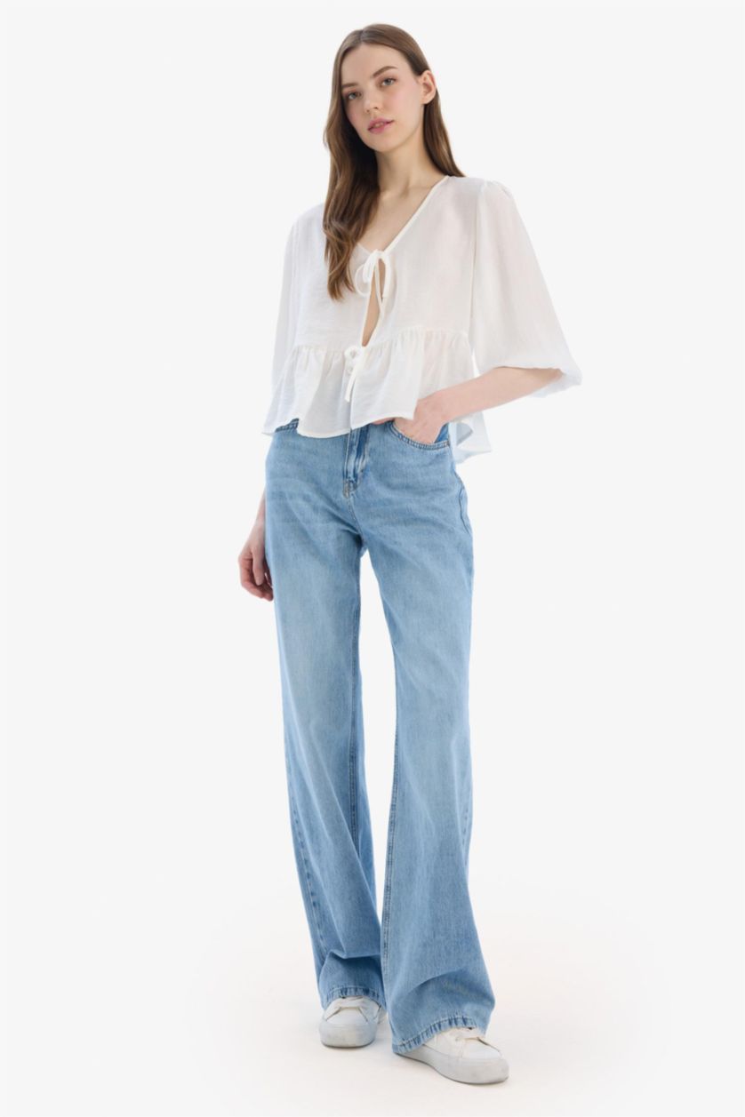 Woman Light Blue Straight Wide High Waist Long Washed Jeans