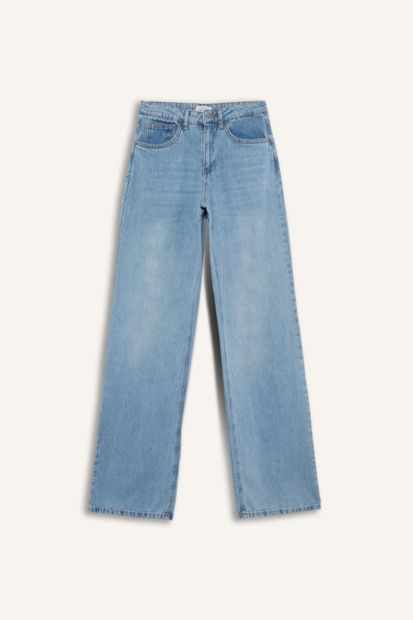 Woman Light Blue Straight Wide High Waist Long Washed Jeans