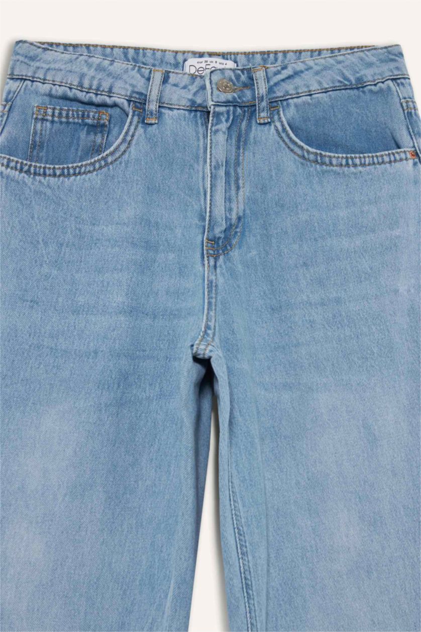 Woman Light Blue Straight Wide High Waist Long Washed Jeans