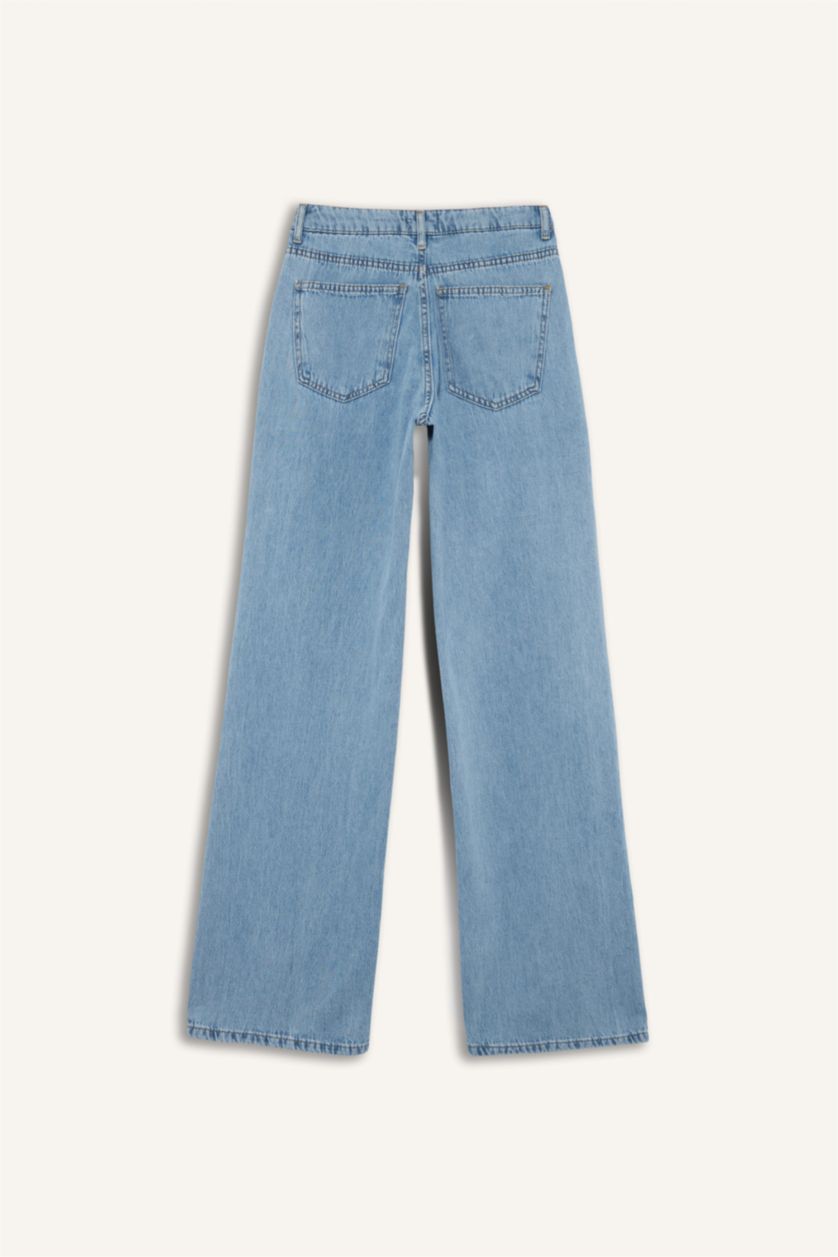 Woman Light Blue Straight Wide High Waist Long Washed Jeans