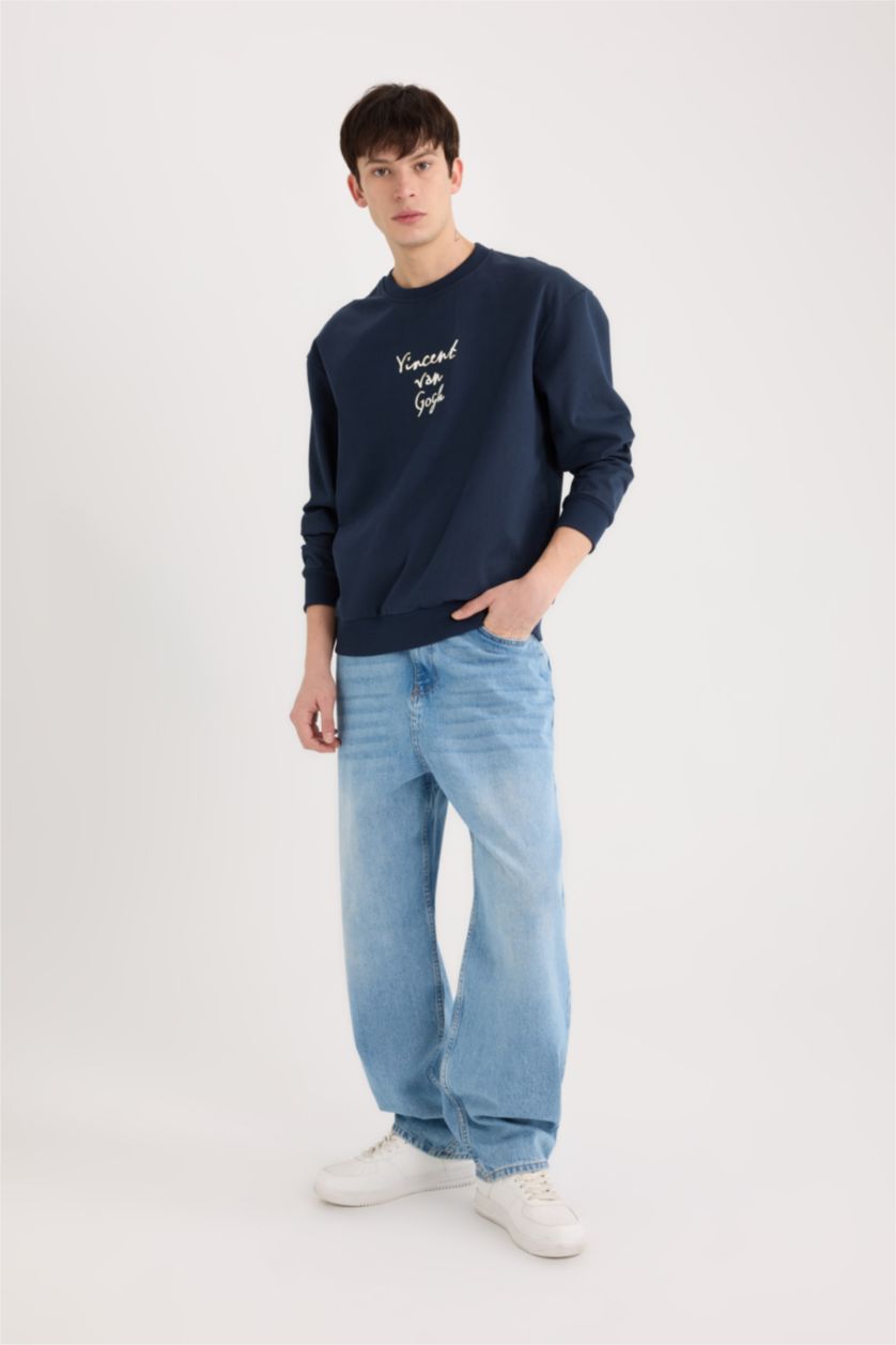 Erkek Lacivert Van Gogh Boxy Fit Bisiklet Yaka Sırt Baskılı Sweatshirt