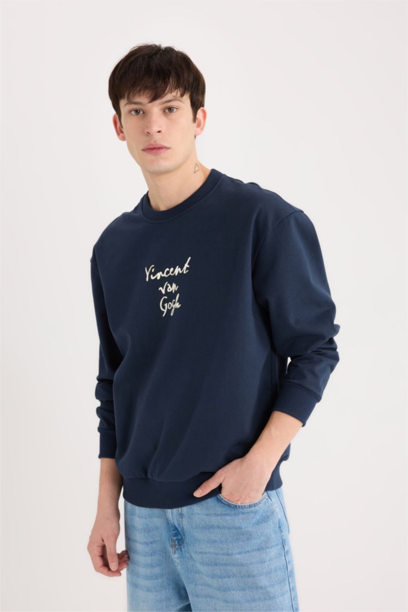 Erkek Lacivert Van Gogh Boxy Fit Bisiklet Yaka Sırt Baskılı Sweatshirt