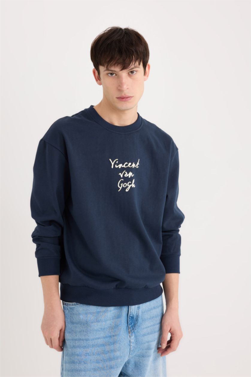 Erkek Lacivert Van Gogh Boxy Fit Bisiklet Yaka Sırt Baskılı Sweatshirt