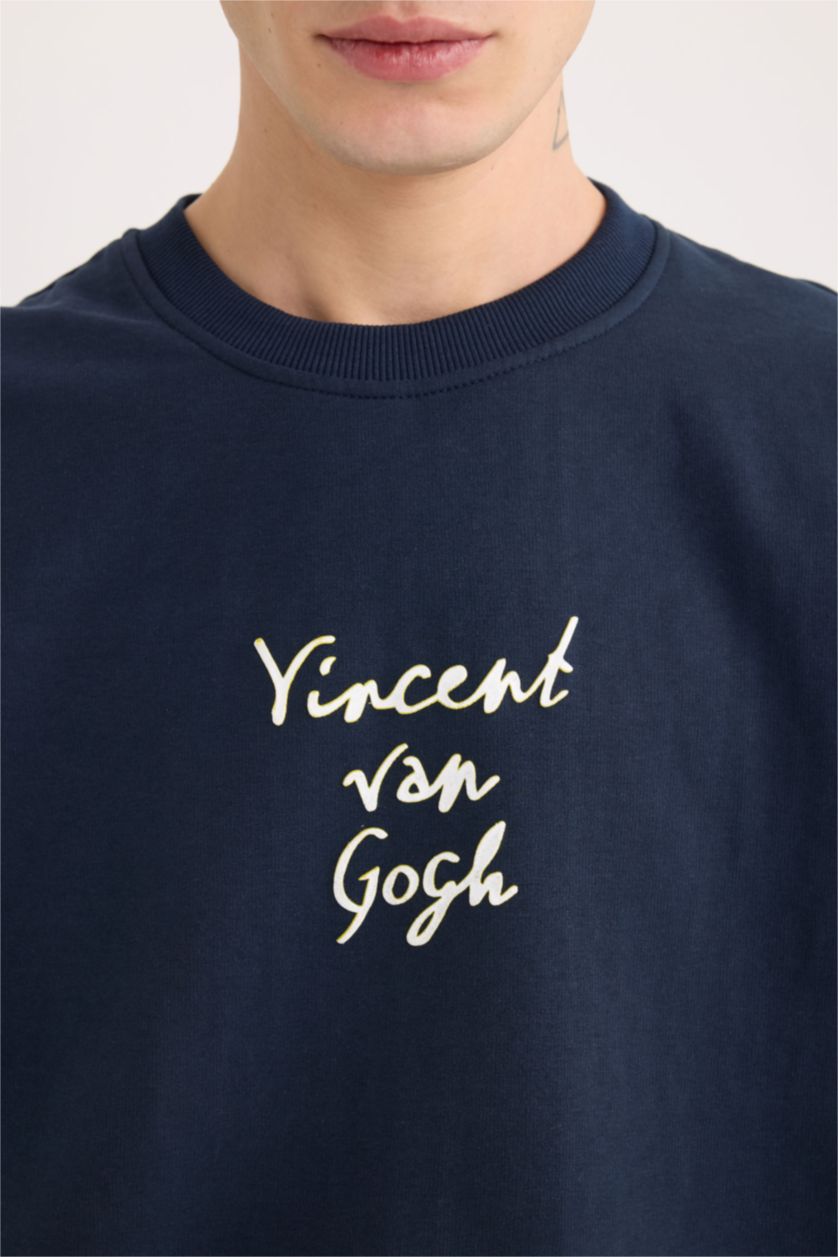 Erkek Lacivert Van Gogh Boxy Fit Bisiklet Yaka Sırt Baskılı Sweatshirt