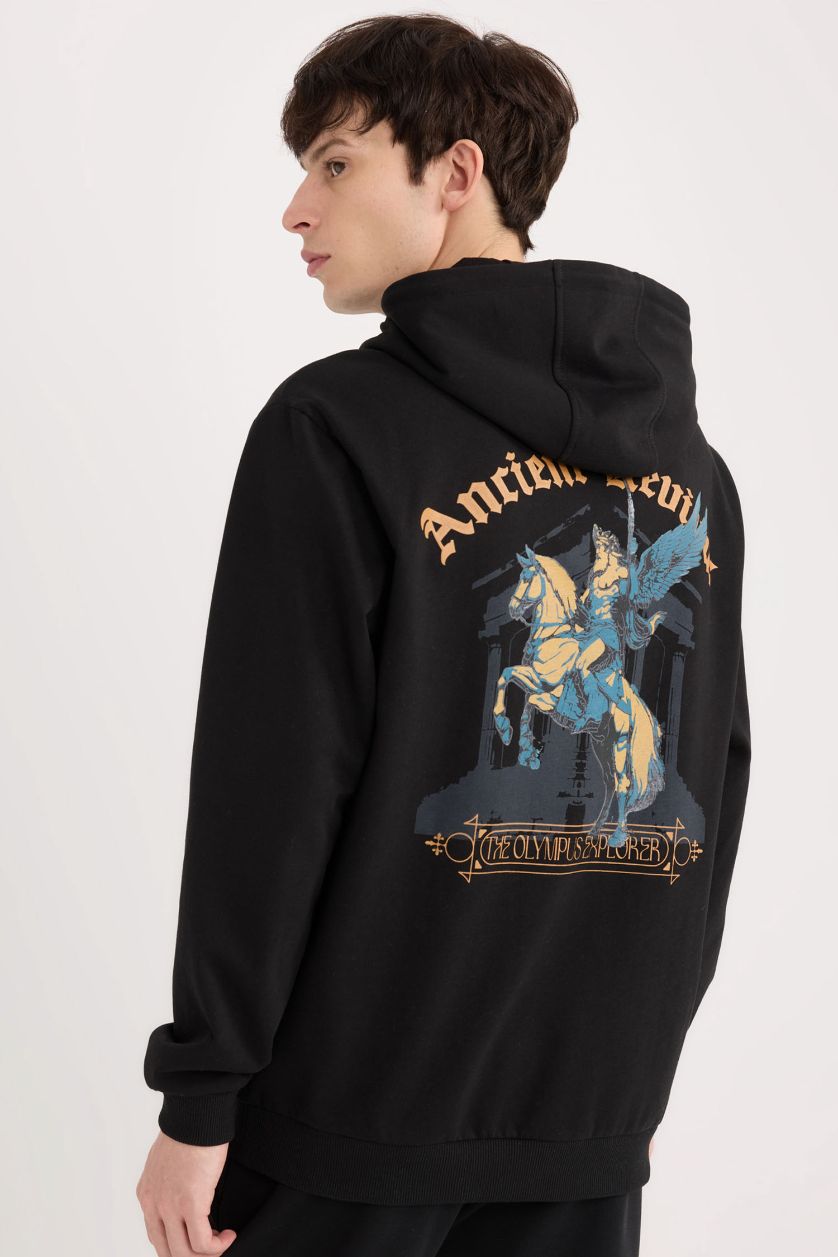 Erkek Siyah Regular Fit Kapüşonlu Sırt Baskılı Sweatshirt