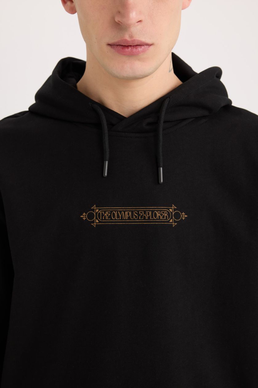 Erkek Siyah Regular Fit Kapüşonlu Sırt Baskılı Sweatshirt