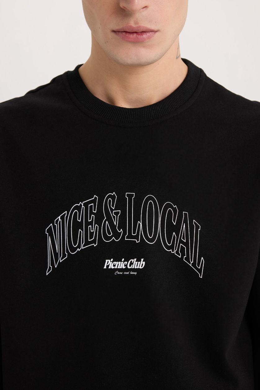 Erkek Siyah Regular Fıt Bisiklet Yaka Baskılı Sweatshirt