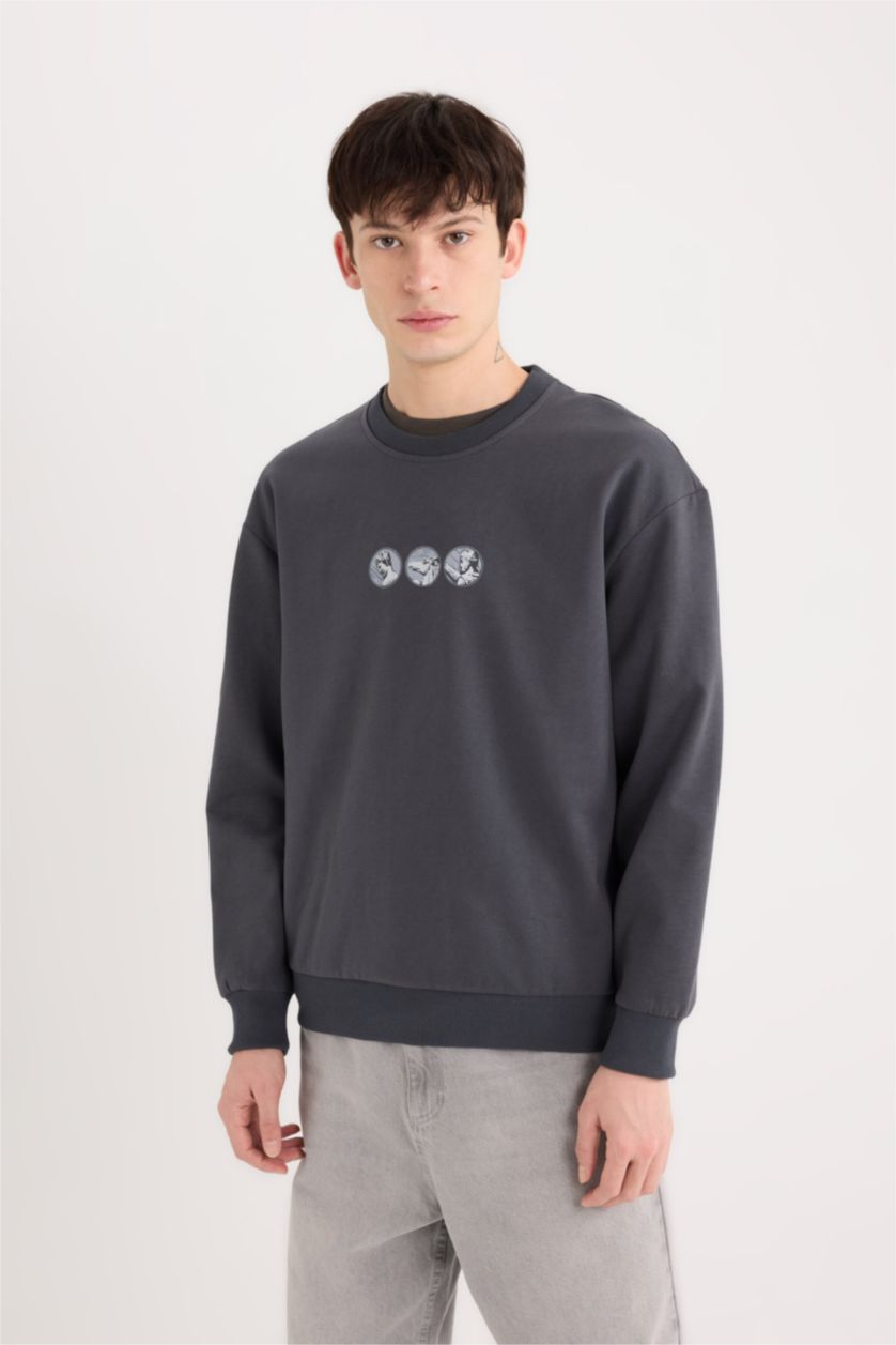 Erkek Antrasit Boxy Fit Bisiklet Yaka Sırt Baskılı Sweatshirt
