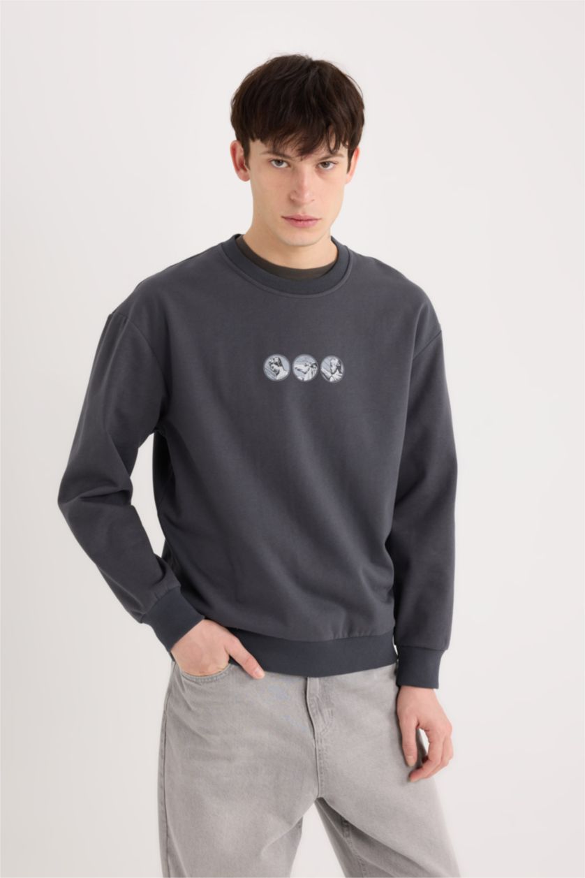 Erkek Antrasit Boxy Fit Bisiklet Yaka Sırt Baskılı Sweatshirt