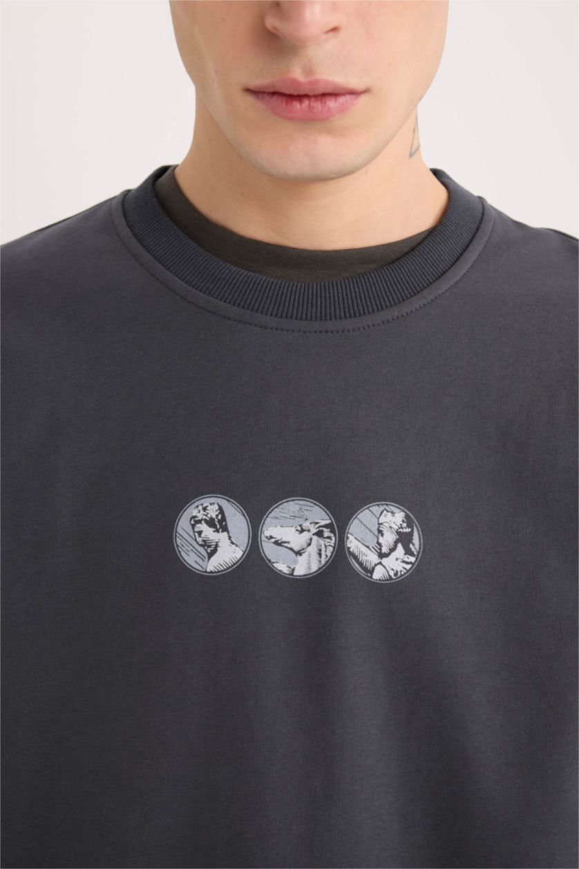 Erkek Antrasit Boxy Fit Bisiklet Yaka Sırt Baskılı Sweatshirt