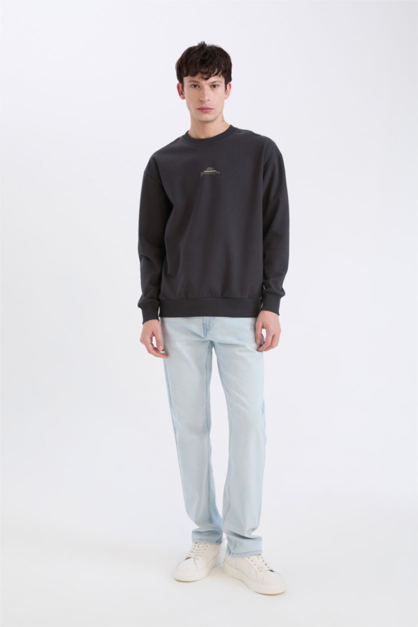 Erkek Antrasit Boxy Fit Bisiklet Yaka Sırt Baskılı Sweatshirt