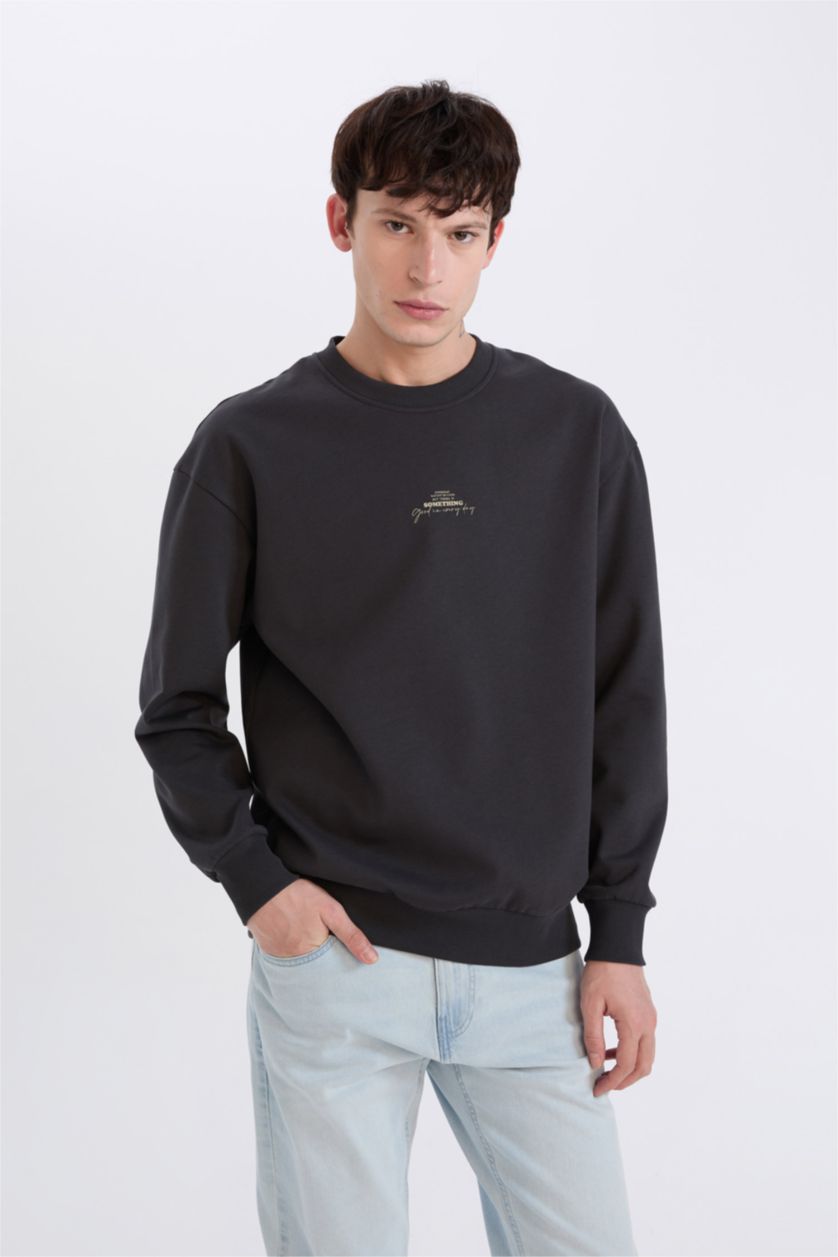 Erkek Antrasit Boxy Fit Bisiklet Yaka Sırt Baskılı Sweatshirt