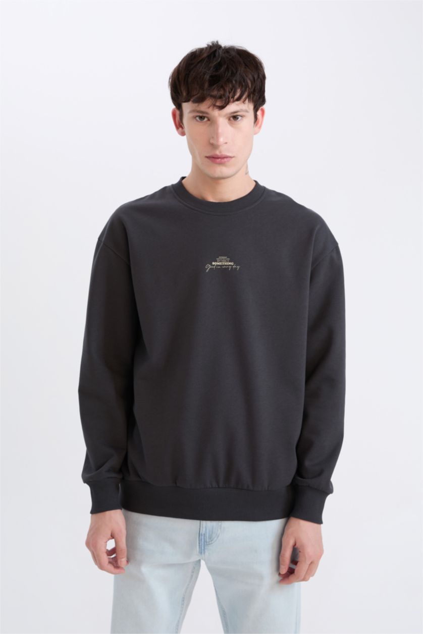 Erkek Antrasit Boxy Fit Bisiklet Yaka Sırt Baskılı Sweatshirt