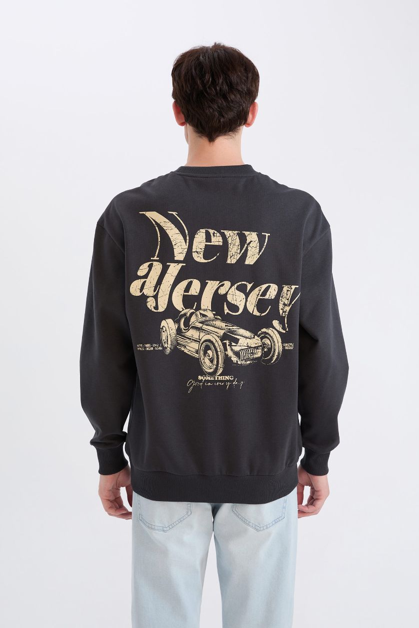 Erkek Antrasit Boxy Fit Bisiklet Yaka Sırt Baskılı Sweatshirt