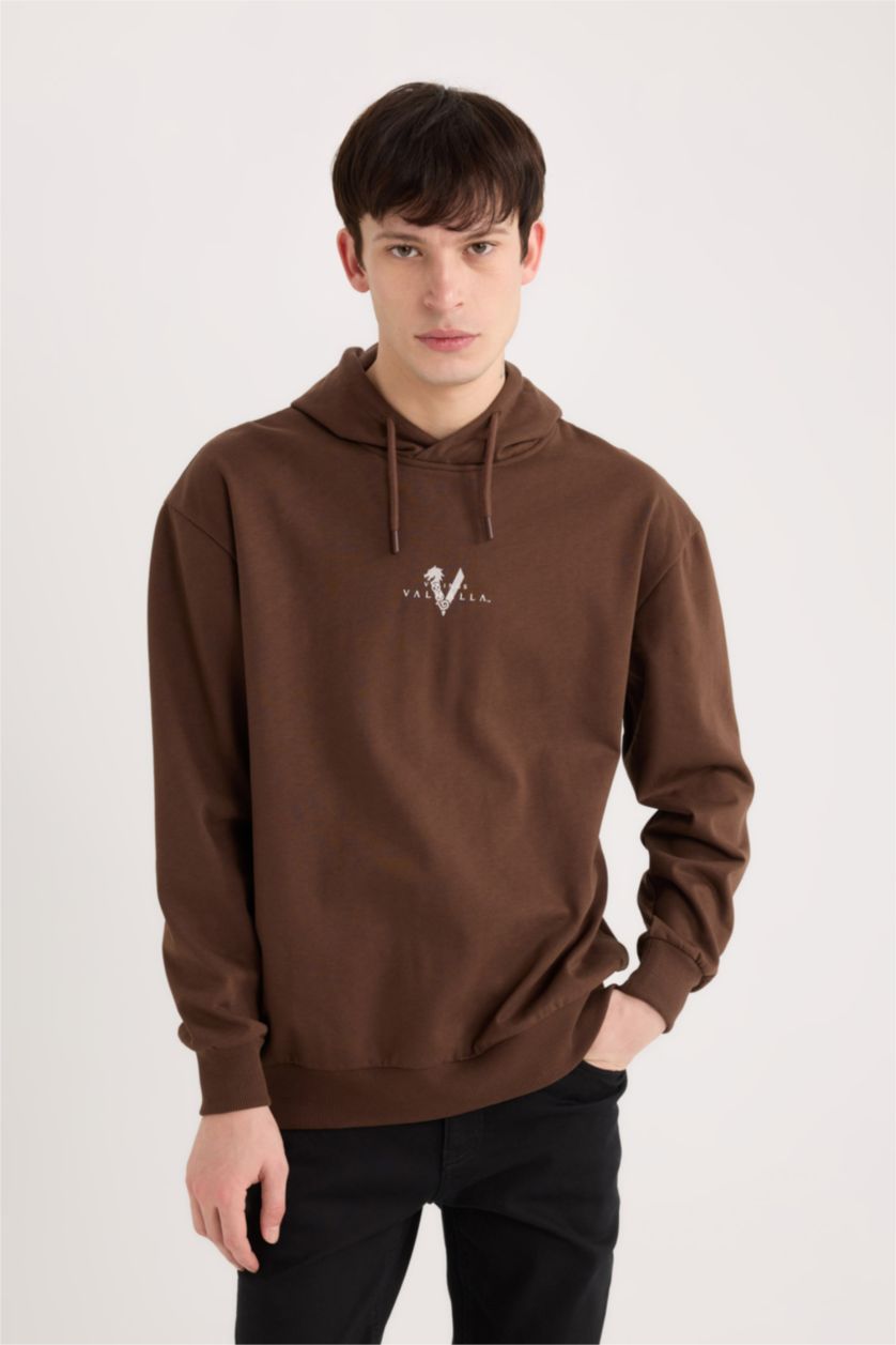 Erkek Kahve Vikings Valhalla Boxy Fit Kapüşonlu Sırt Baskılı Sweatshirt