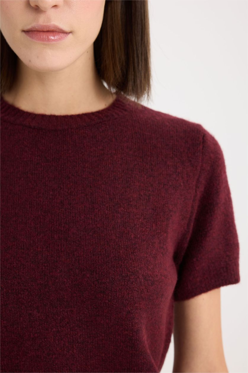 Kadın Bordo Regular Fit Bisiklet Yaka Basic Düz Triko Kısa Kollu Tişört  Kazak