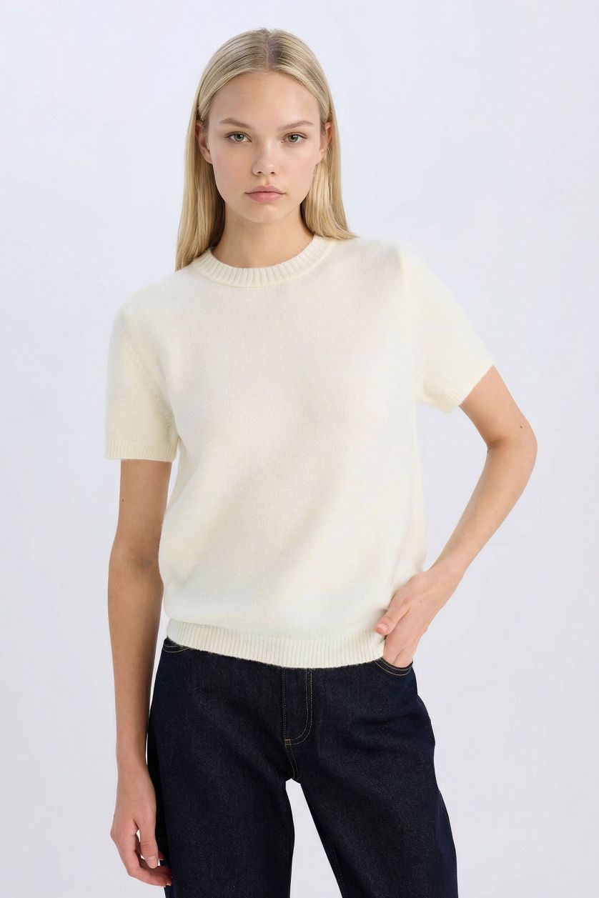 WOMAN Light Yellow Regular Fit Crew Neck Basic Knitted Pullover