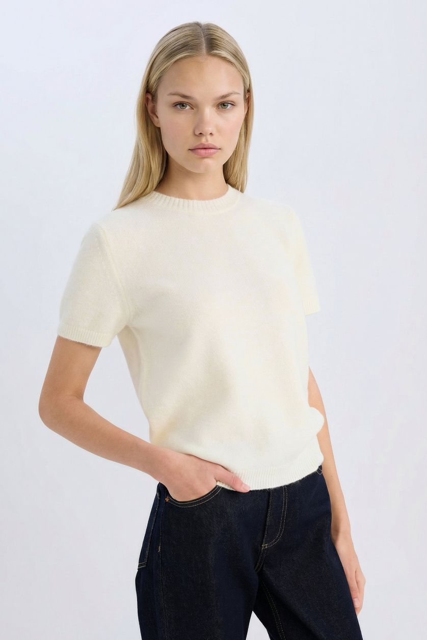 WOMAN Light Yellow Regular Fit Crew Neck Basic Knitted Pullover