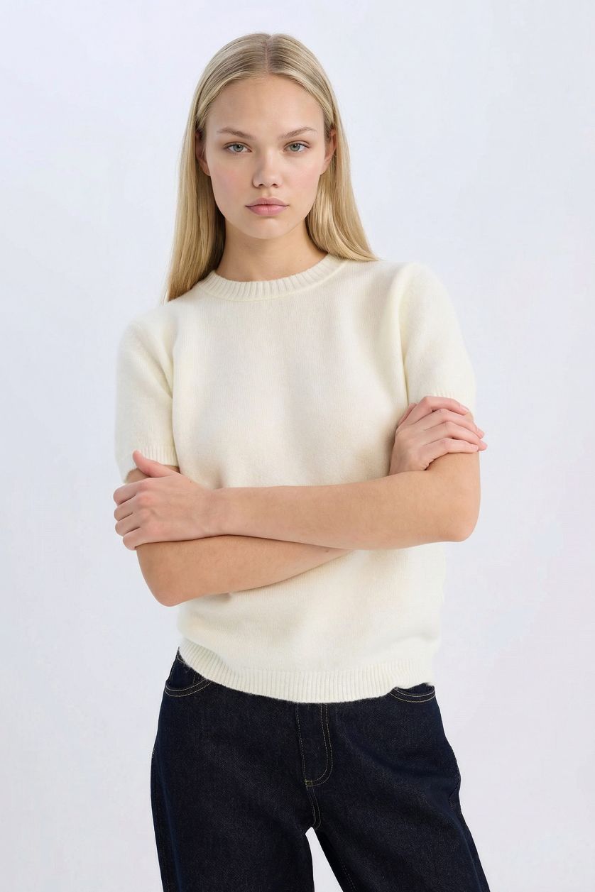 WOMAN Light Yellow Regular Fit Crew Neck Basic Knitted Pullover