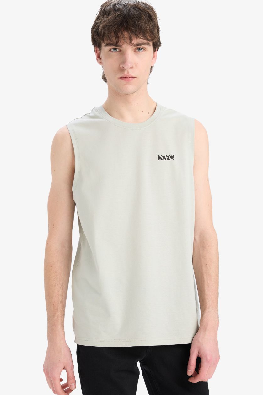 Erkek Açık Haki %100 Pamuk Regular Fit Bisiklet Yaka Baskılı Atlet