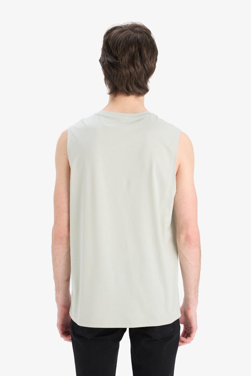 Erkek Açık Haki %100 Pamuk Regular Fit Bisiklet Yaka Baskılı Atlet