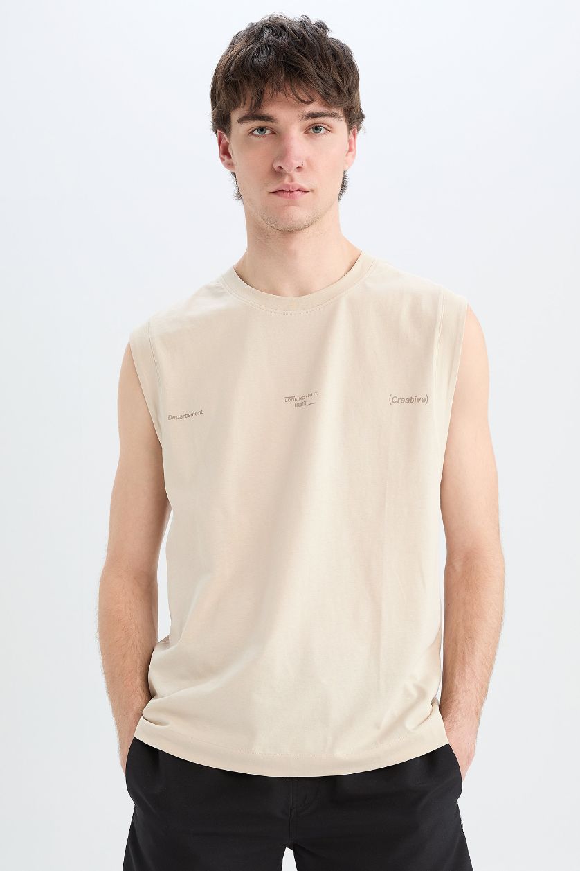 MAN Beige Boxy Fit Printed Crew Neck Cotton Tank Top