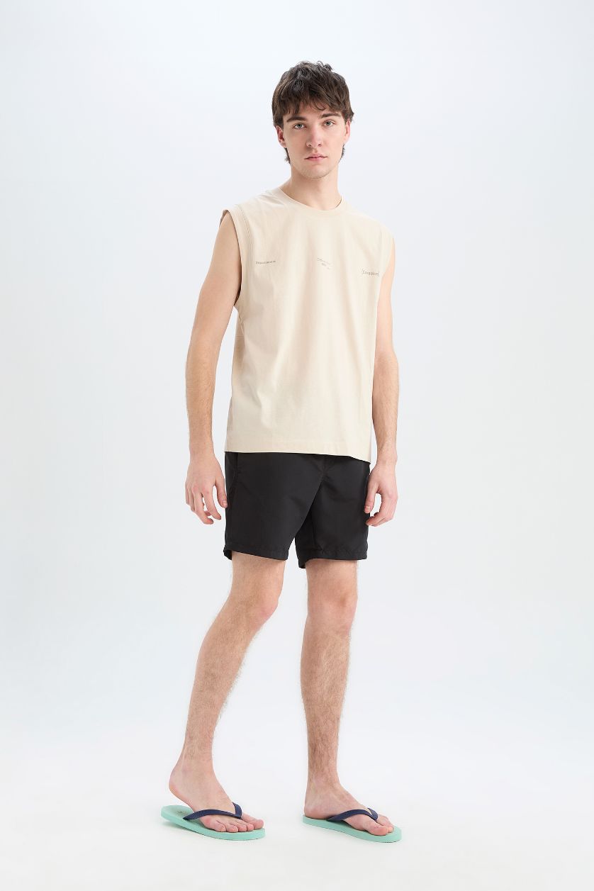 MAN Beige Boxy Fit Printed Crew Neck Cotton Tank Top