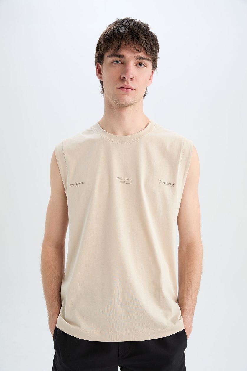 MAN Beige Boxy Fit Printed Crew Neck Cotton Tank Top